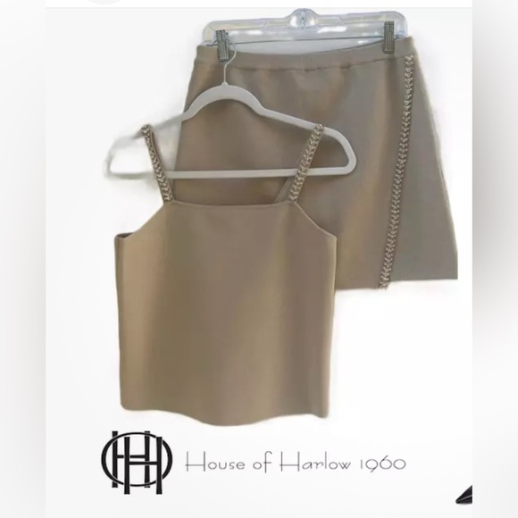 NWT House of Harlow 2 Pc Knit Tan Embellished Set Straps Tank & Mini Skirt SzS - Picture 5 of 6